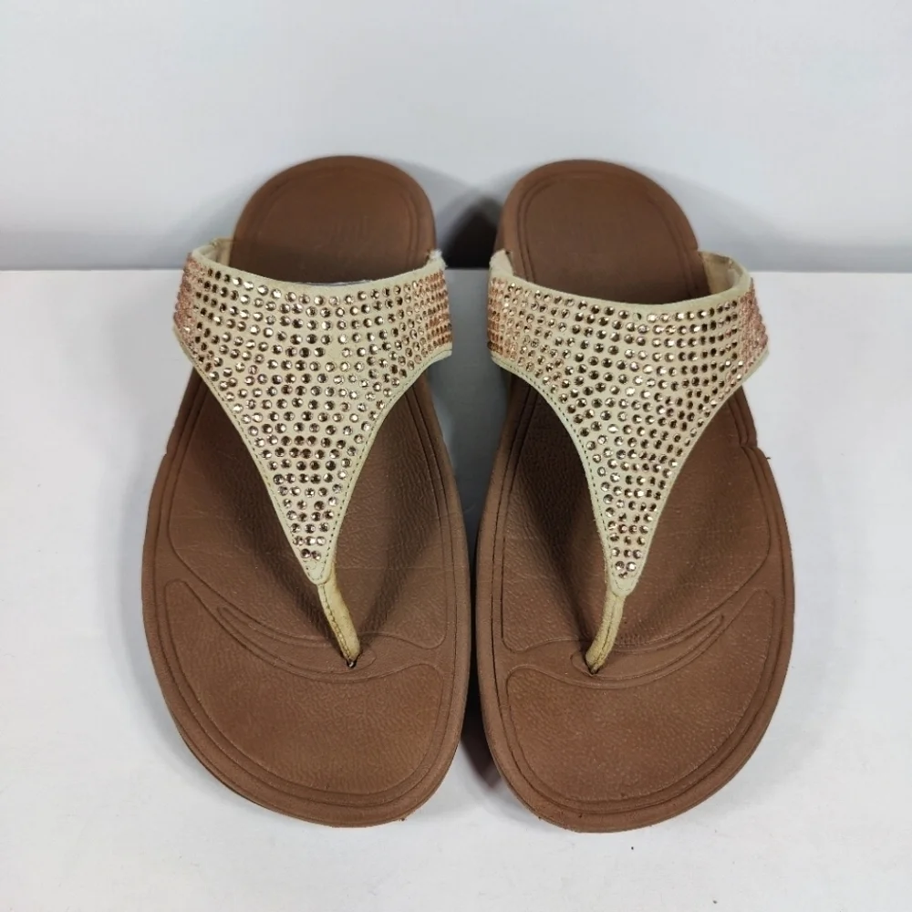 Fitflop Rokkit Rhinestone Studded Tan Thong Wedge Slip On Open Toe Flip Flops 7